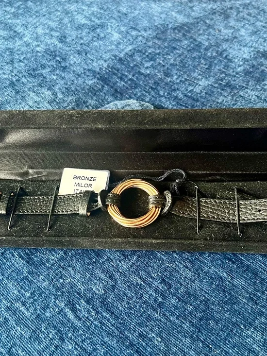 Milor Italy Bronze Leather Bracelet Black Strap Gold Tone Ring New in Box - Picture 3 of 16